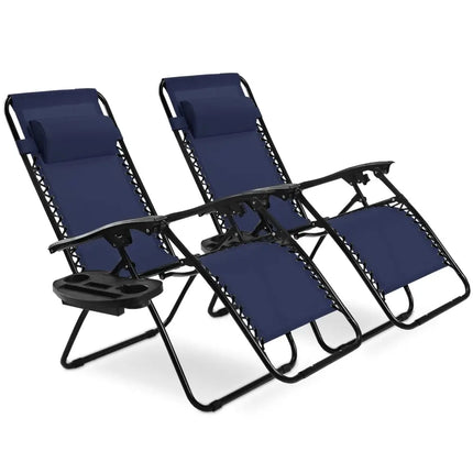 2 Pieces Folding Lounge Chair with Zero Gravity-Navy - Navy - Beach & Lawn Chairs