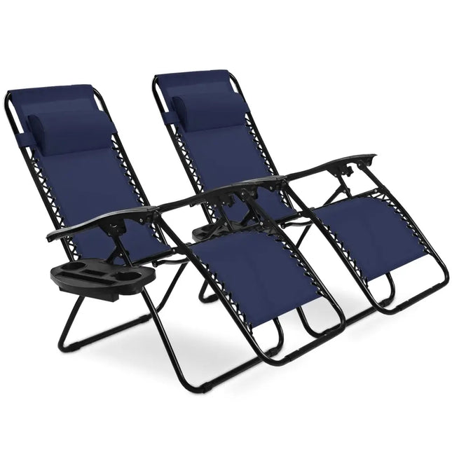 2 Pieces Folding Lounge Chair with Zero Gravity-Navy - Navy - Beach & Lawn Chairs