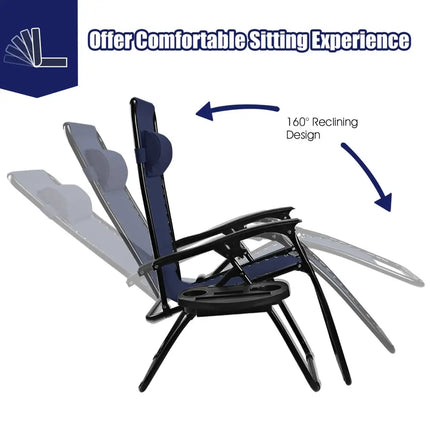 2 Pieces Folding Lounge Chair with Zero Gravity-Navy - Navy - Beach & Lawn Chairs