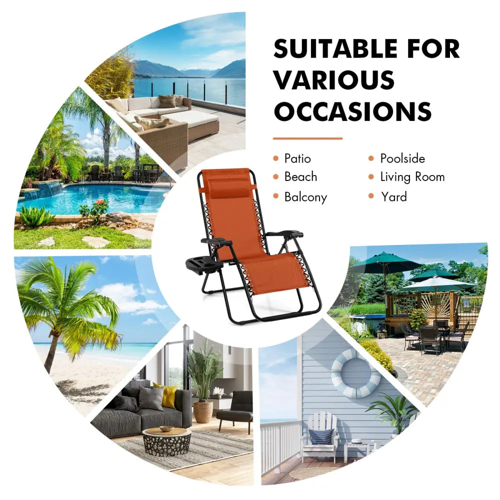 2 Pieces Folding Lounge Chair with Zero Gravity-Orange - Orange - Beach & Lawn Chairs
