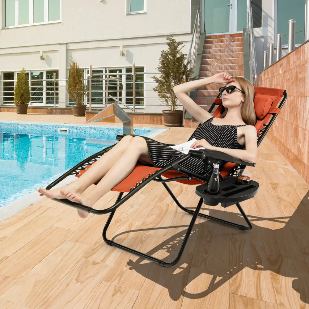 2 Pieces Folding Lounge Chair with Zero Gravity-Orange - Orange - Beach & Lawn Chairs