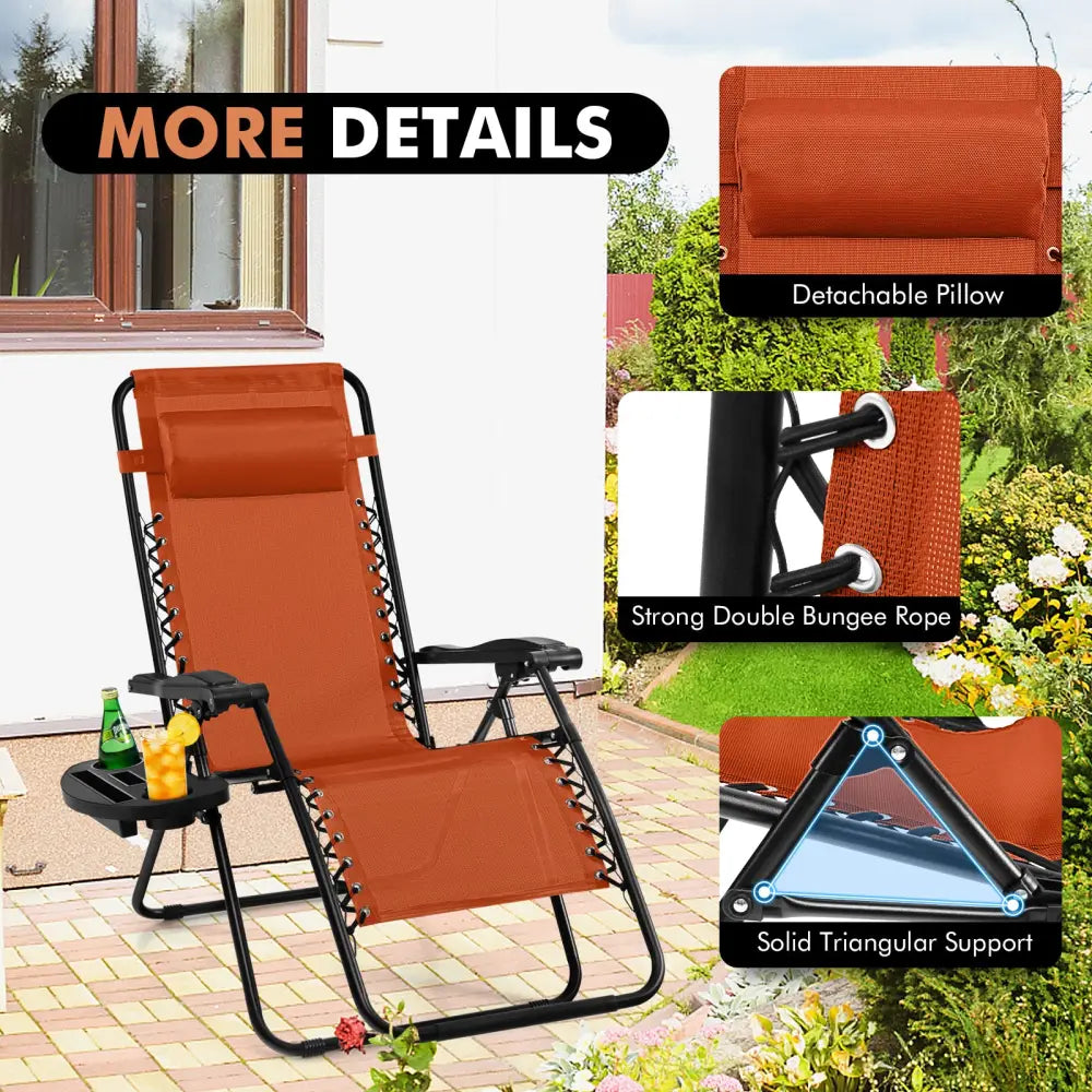 2 Pieces Folding Lounge Chair with Zero Gravity-Orange - Orange - Beach & Lawn Chairs
