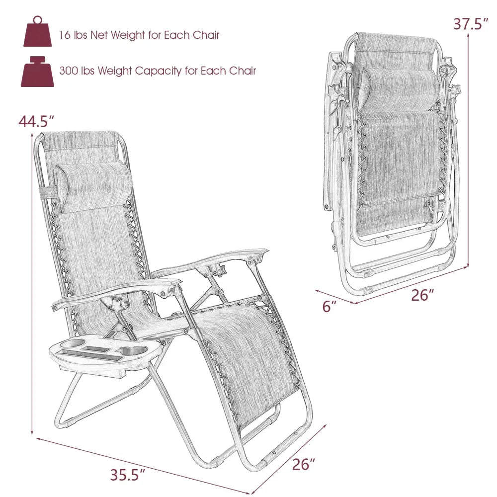 2 Pieces Folding Lounge Chair with Zero Gravity-Wine - Dark Red - Beach & Lawn Chairs