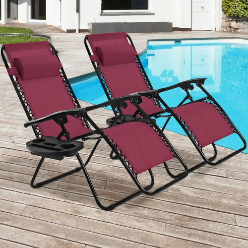 2 Pieces Folding Lounge Chair with Zero Gravity-Wine - Dark Red - Beach & Lawn Chairs