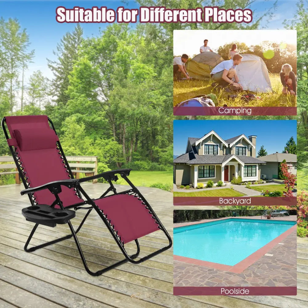 2 Pieces Folding Lounge Chair with Zero Gravity-Wine - Dark Red - Beach & Lawn Chairs
