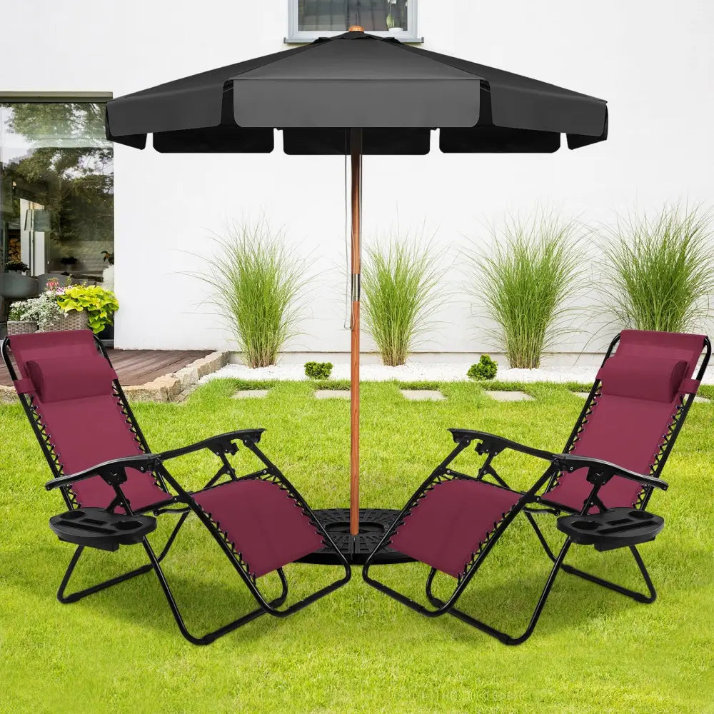2 Pieces Folding Lounge Chair with Zero Gravity-Wine - Dark Red - Beach & Lawn Chairs
