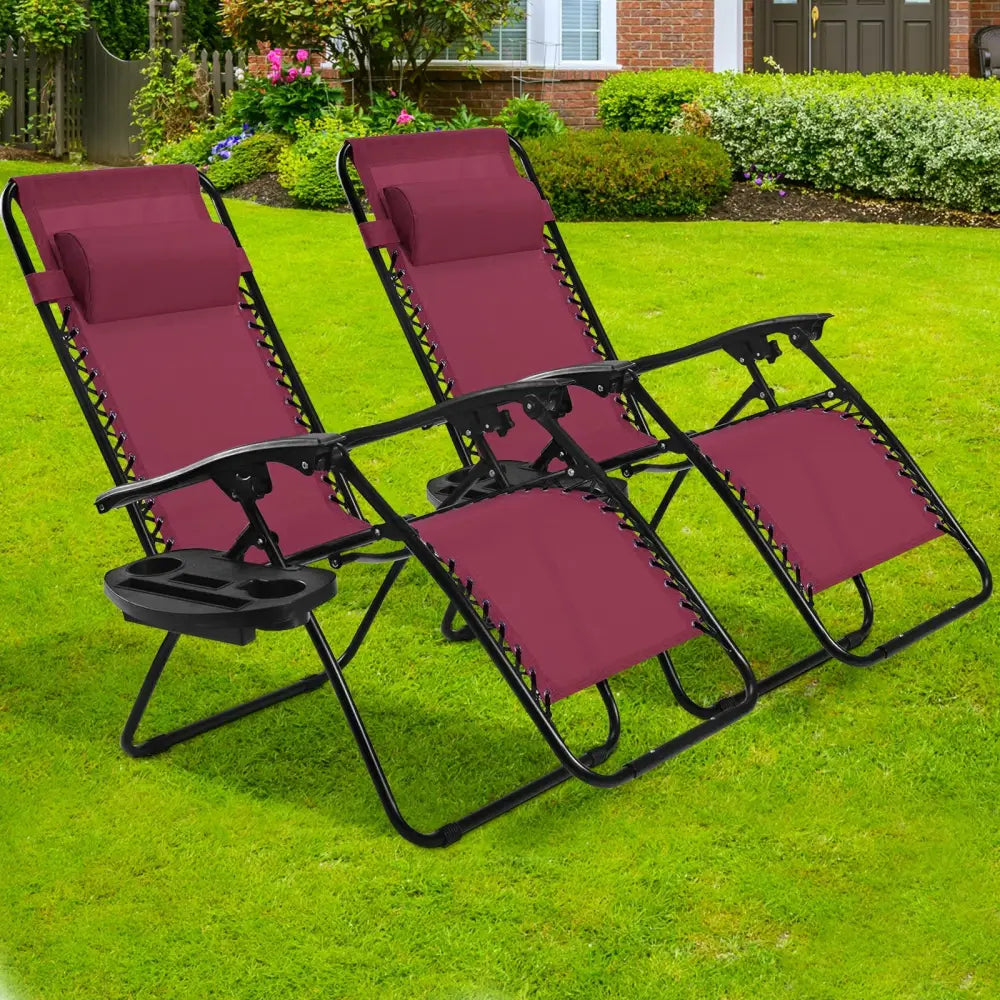 2 Pieces Folding Lounge Chair with Zero Gravity-Wine - Dark Red - Beach & Lawn Chairs