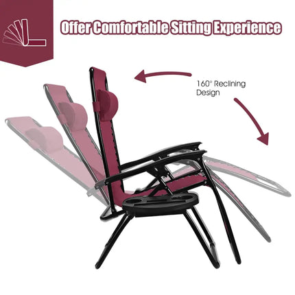 2 Pieces Folding Lounge Chair with Zero Gravity-Wine - Dark Red - Beach & Lawn Chairs