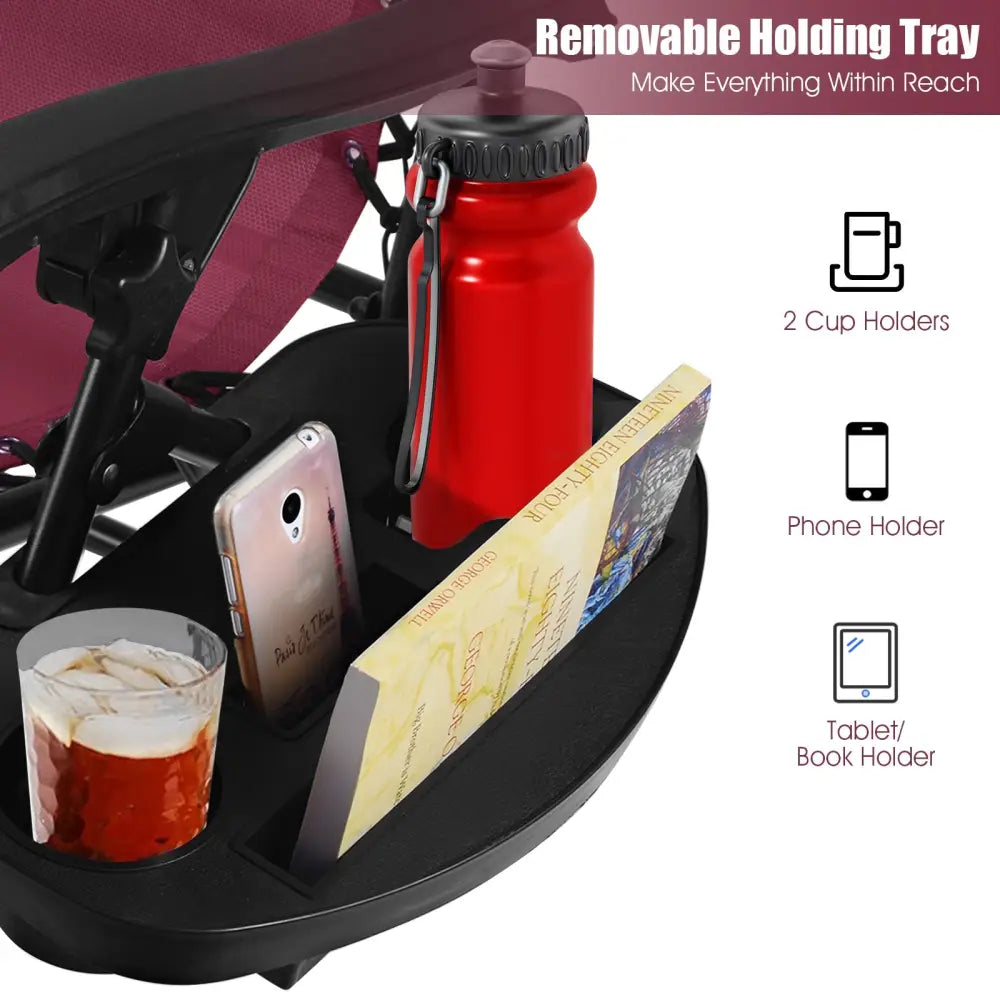 2 Pieces Folding Lounge Chair with Zero Gravity-Wine - Dark Red - Beach & Lawn Chairs