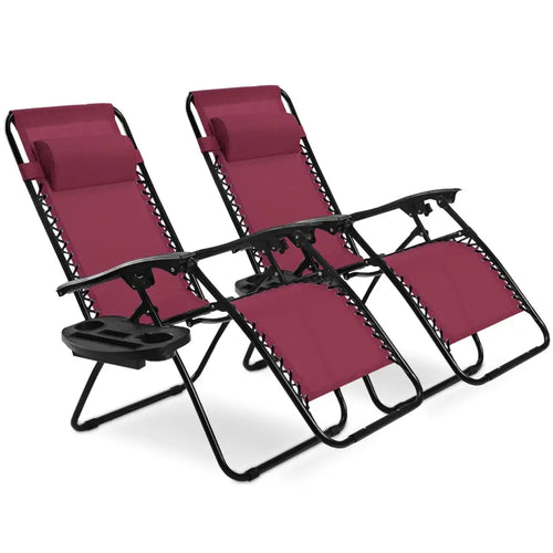 2 Pieces Folding Lounge Chair with Zero Gravity-Wine - Dark Red - Beach & Lawn Chairs