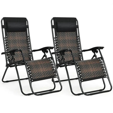 2 Pieces Folding Patio Rattan Zero Gravity Lounge Chair-Brown - Brown - Outdoor Chaise Lounges