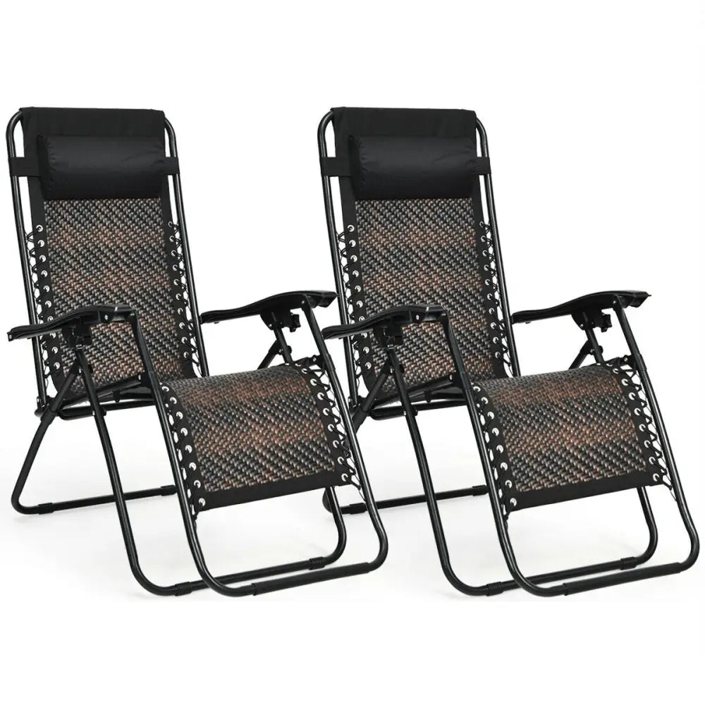 2 Pieces Folding Patio Rattan Zero Gravity Lounge Chair-Brown - Brown - Outdoor Chaise Lounges