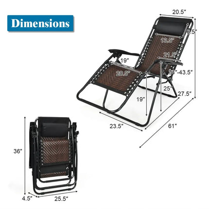 2 Pieces Folding Patio Rattan Zero Gravity Lounge Chair-Coffee - Light Brown - Outdoor Chaise Lounges