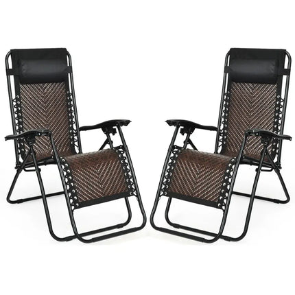 2 Pieces Folding Patio Rattan Zero Gravity Lounge Chair-Coffee - Light Brown - Outdoor Chaise Lounges