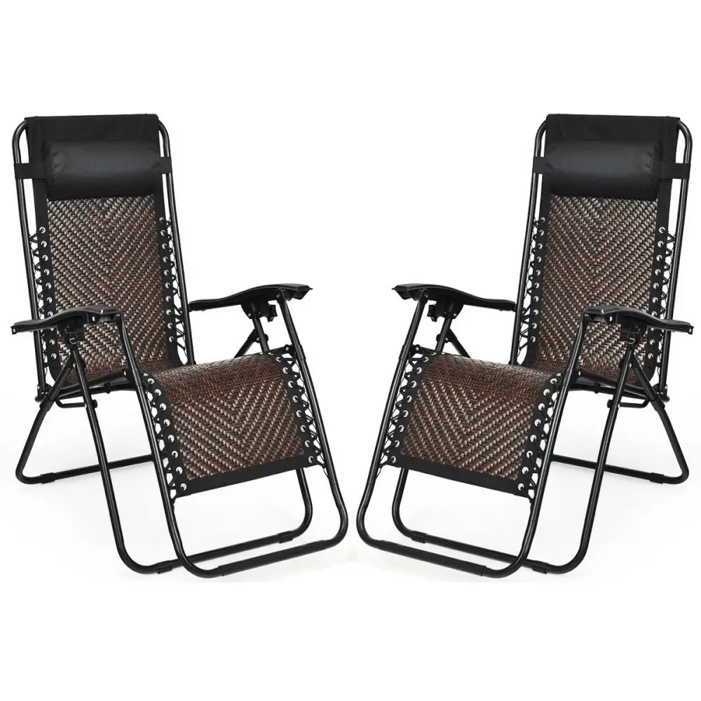 2 Pieces Folding Patio Rattan Zero Gravity Lounge Chair-Coffee - Light Brown - Outdoor Chaise Lounges