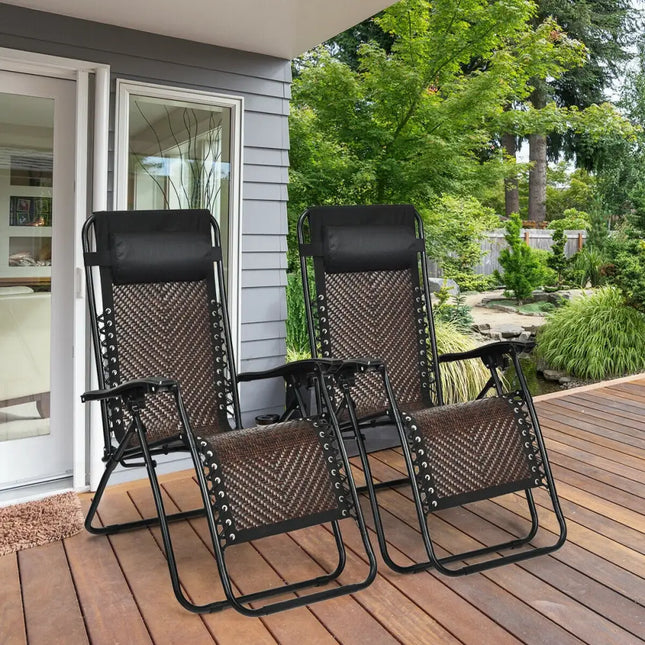 2 Pieces Folding Patio Rattan Zero Gravity Lounge Chair-Coffee - Light Brown - Outdoor Chaise Lounges
