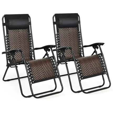 2 Pieces Folding Patio Rattan Zero Gravity Lounge Chair-Coffee - Light Brown - Outdoor Chaise Lounges