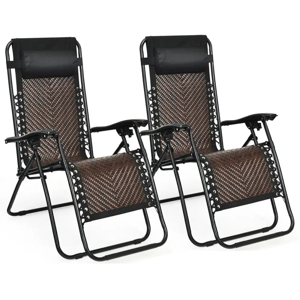 2 Pieces Folding Patio Rattan Zero Gravity Lounge Chair-Coffee - Light Brown - Outdoor Chaise Lounges