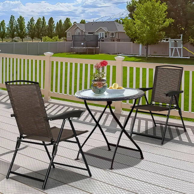2 Pieces Folding Sling Chairs with Steel Armrests and Adjustable Back - Brown - Patio Dining Chairs