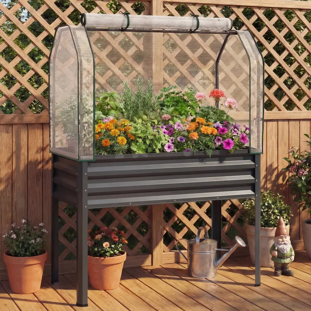 2 Pieces Galvanized Raised Garden Bed with Legs and Greenhouse Cover for Vegetable Flower-Gray - Gray - Raised Garden