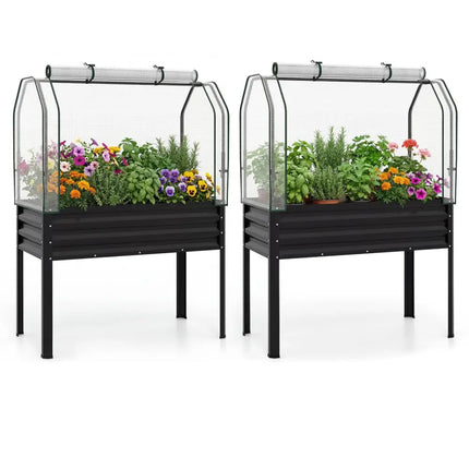 2 Pieces Galvanized Raised Garden Bed with Legs and Greenhouse Cover for Vegetable Flower-Black - Black - Raised Garden