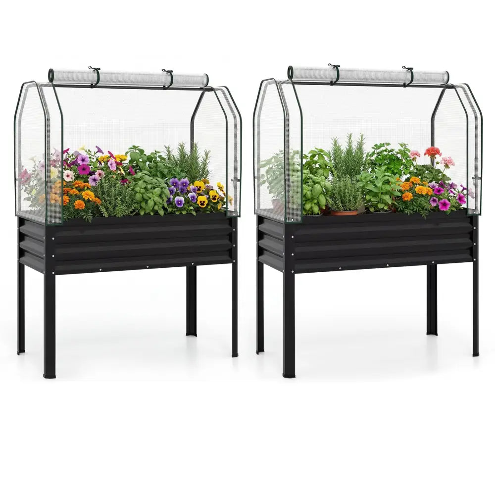 2 Pieces Galvanized Raised Garden Bed with Legs and Greenhouse Cover for Vegetable Flower-Black - Black - Raised Garden