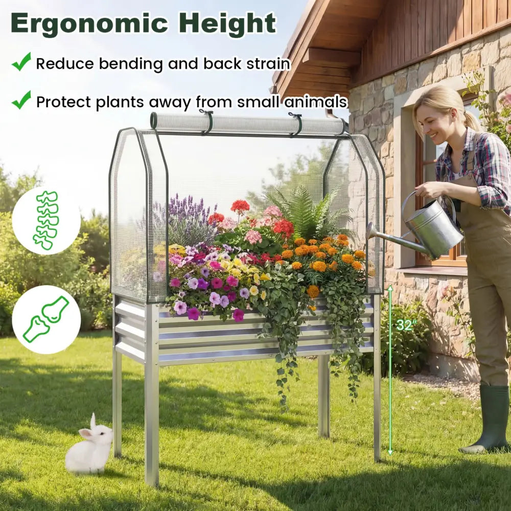 2 Pieces Galvanized Raised Garden Bed with Legs and Greenhouse Cover for Vegetable Flower-Silver - Silver - Raised