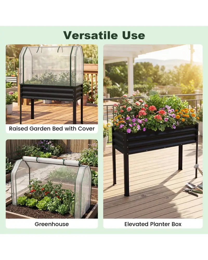 2 Pieces Galvanized Raised Garden Bed with Legs and Greenhouse Cover for Vegetable Flower-Black - Black - Raised Garden