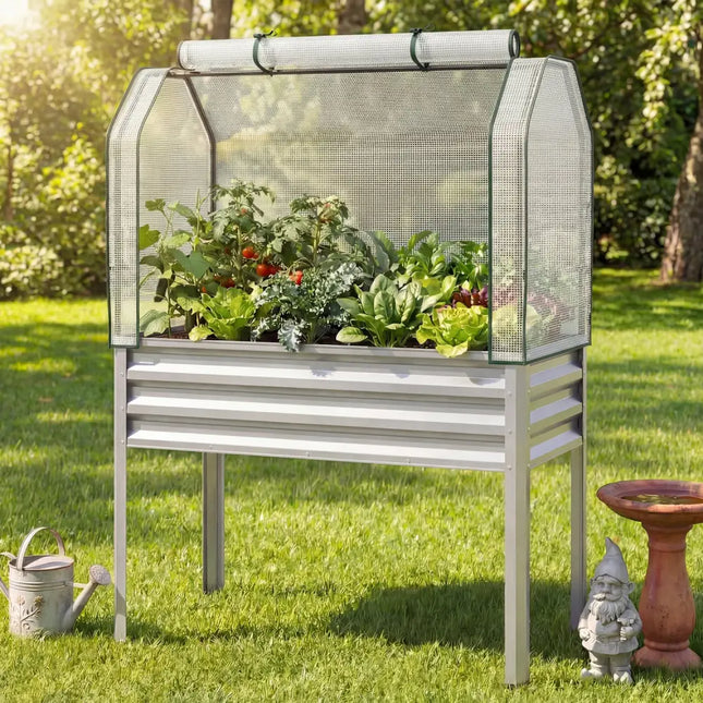 2 Pieces Galvanized Raised Garden Bed with Legs and Greenhouse Cover for Vegetable Flower-Silver - Silver - Raised