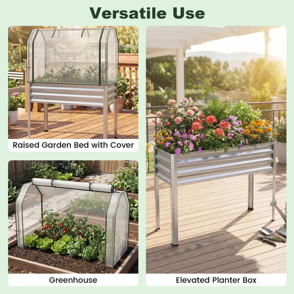 2 Pieces Galvanized Raised Garden Bed with Legs and Greenhouse Cover for Vegetable Flower-Silver - Silver - Raised