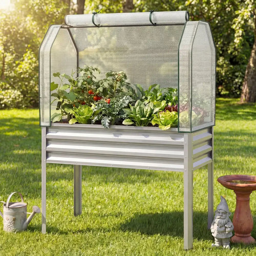 2 Pieces Galvanized Raised Garden Bed with Legs and Greenhouse Cover for Vegetable Flower-Silver - Silver - Raised