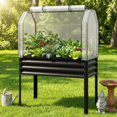 2 Pieces Galvanized Raised Garden Bed with Legs and Greenhouse Cover for Vegetable Flower-Black - Black - Raised Garden