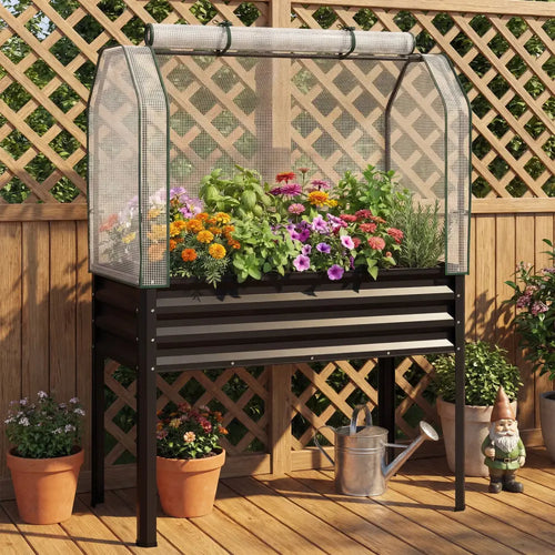 2 Pieces Galvanized Raised Garden Bed with Legs and Greenhouse Cover for Vegetable Flower-Black - Black - Raised Garden
