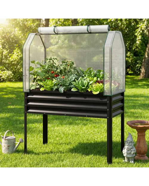 2 Pieces Galvanized Raised Garden Bed with Legs and Greenhouse Cover for Vegetable Flower-Black - Black - Raised Garden