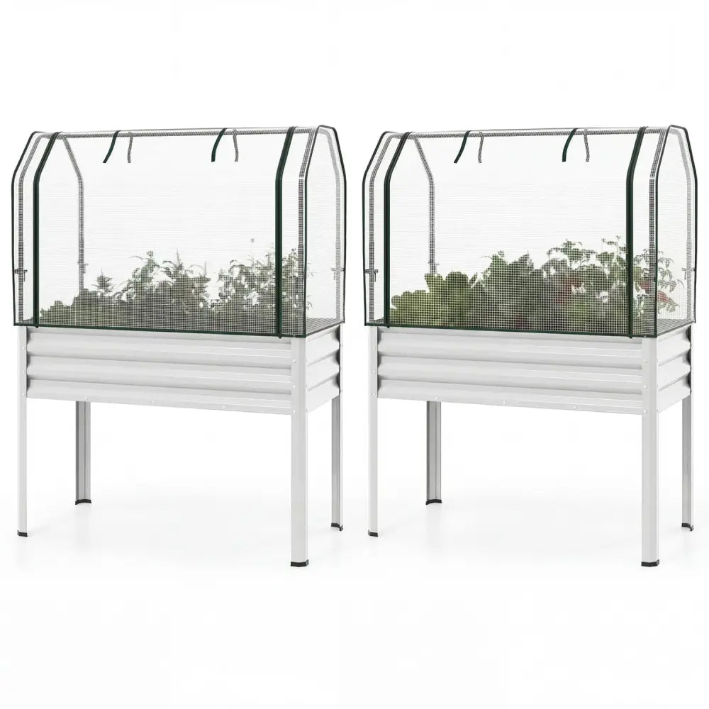 2 Pieces Galvanized Raised Garden Bed with Legs and Greenhouse Cover for Vegetable Flower-Silver - Silver - Raised