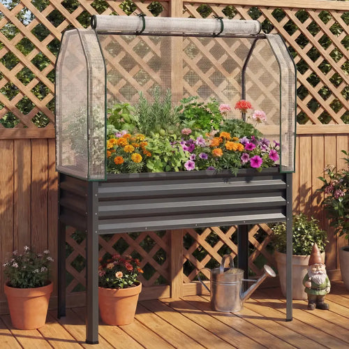 2 Pieces Galvanized Raised Garden Bed with Legs and Greenhouse Cover for Vegetable Flower-Gray - Gray - Raised Garden