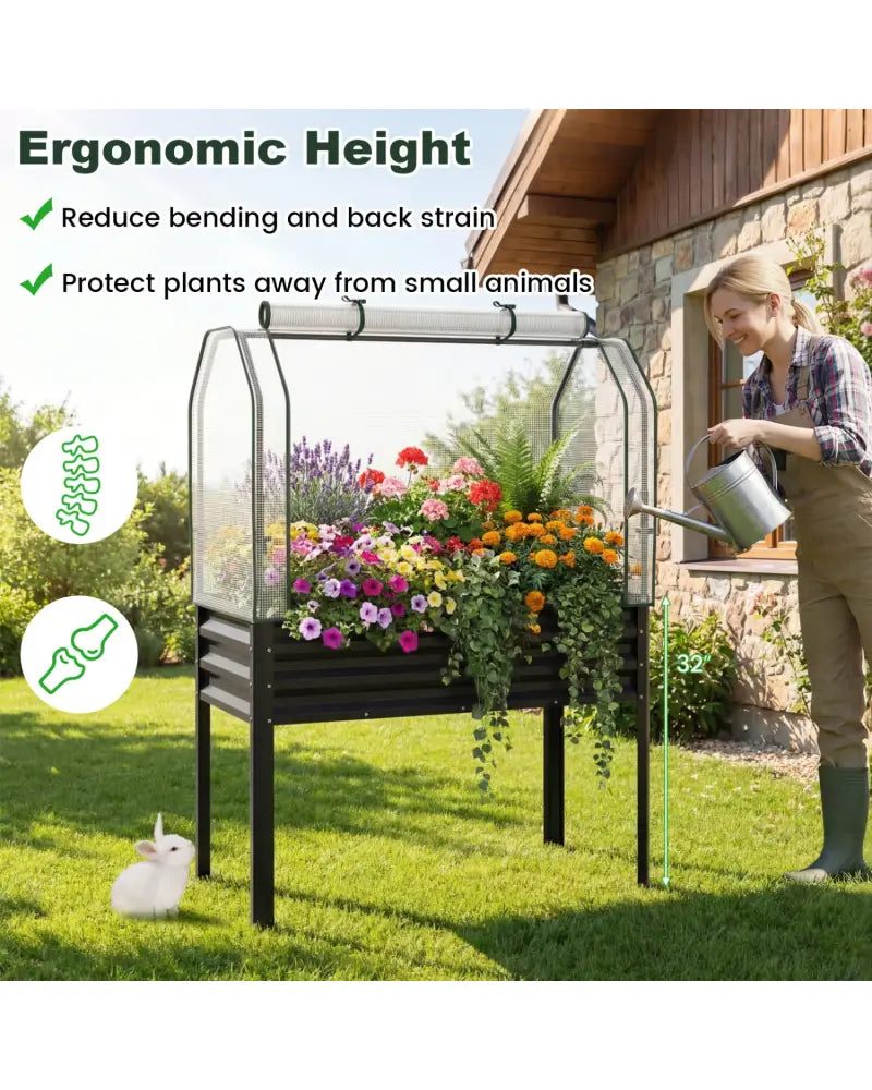 2 Pieces Galvanized Raised Garden Bed with Legs and Greenhouse Cover for Vegetable Flower-Black - Black - Raised Garden