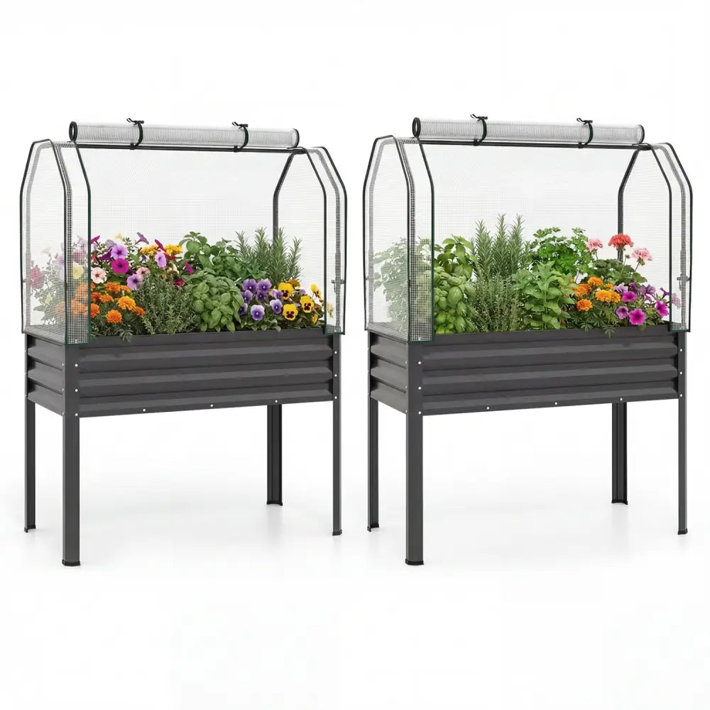 2 Pieces Galvanized Raised Garden Bed with Legs and Greenhouse Cover for Vegetable Flower-Gray - Gray - Raised Garden