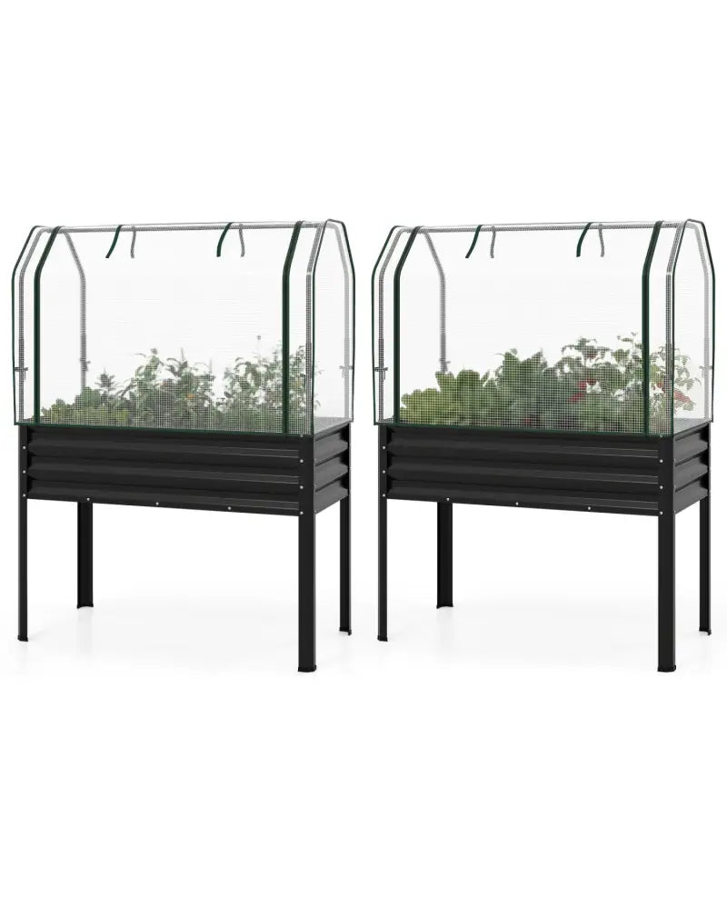 2 Pieces Galvanized Raised Garden Bed with Legs and Greenhouse Cover for Vegetable Flower-Black - Black - Raised Garden