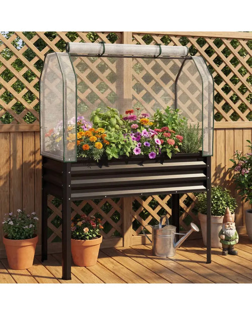 2 Pieces Galvanized Raised Garden Bed with Legs and Greenhouse Cover for Vegetable Flower-Black - Black - Raised Garden