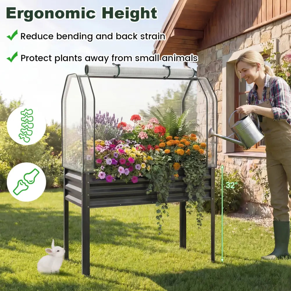 2 Pieces Galvanized Raised Garden Bed with Legs and Greenhouse Cover for Vegetable Flower-Gray - Gray - Raised Garden