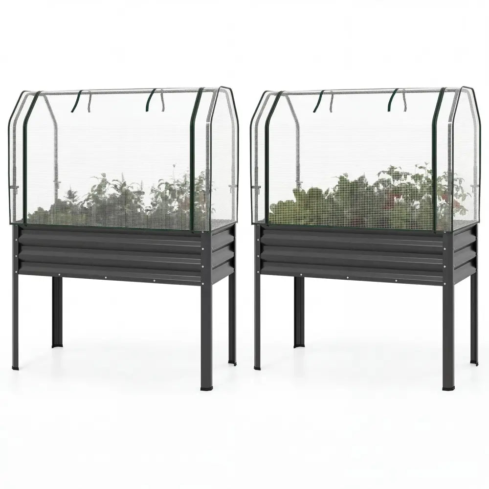 2 Pieces Galvanized Raised Garden Bed with Legs and Greenhouse Cover for Vegetable Flower-Gray - Gray - Raised Garden
