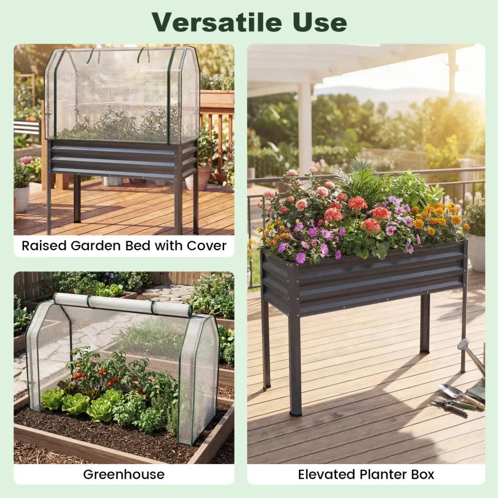 2 Pieces Galvanized Raised Garden Bed with Legs and Greenhouse Cover for Vegetable Flower-Gray - Gray - Raised Garden
