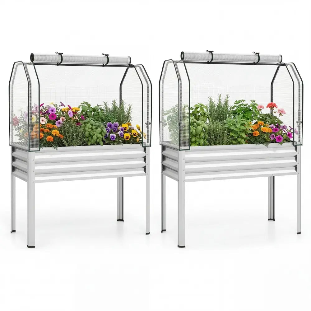 2 Pieces Galvanized Raised Garden Bed with Legs and Greenhouse Cover for Vegetable Flower-Silver - Silver - Raised