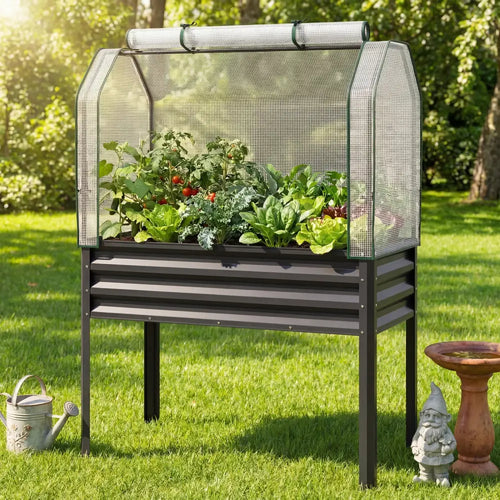 2 Pieces Galvanized Raised Garden Bed with Legs and Greenhouse Cover for Vegetable Flower-Gray - Gray - Raised Garden