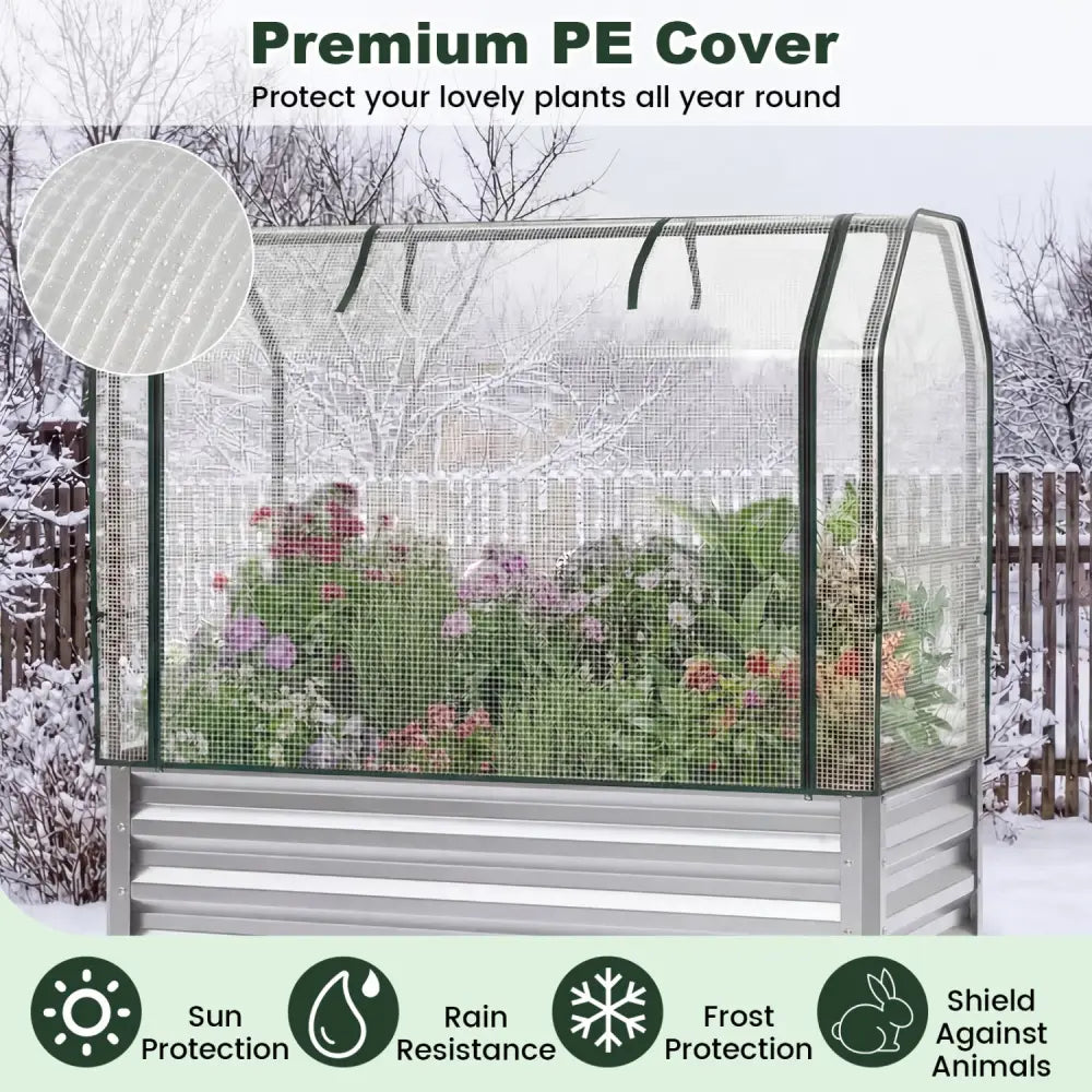 2 Pieces Galvanized Raised Garden Bed with Legs and Greenhouse Cover for Vegetable Flower-Silver - Silver - Raised