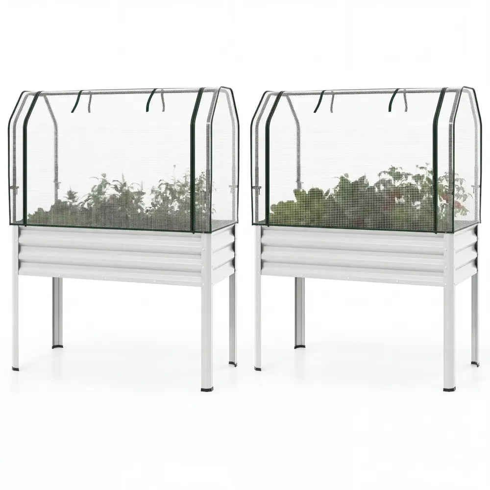 2 Pieces Galvanized Raised Garden Bed with Legs and Greenhouse Cover for Vegetable Flower-Silver - Silver - Raised