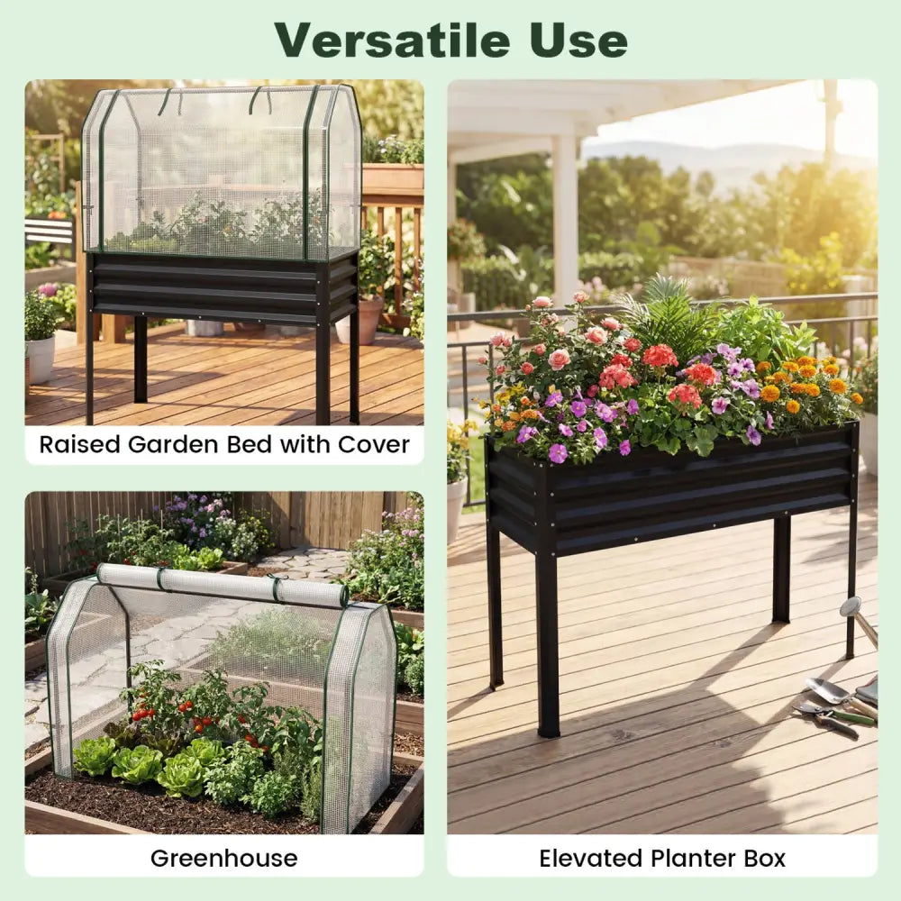 2 Pieces Galvanized Raised Garden Bed with Legs and Greenhouse Cover for Vegetable Flower-Black - Black - Raised Garden