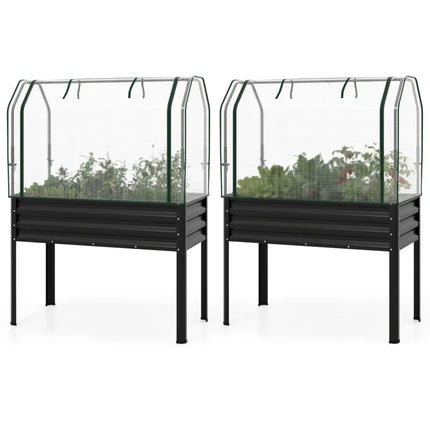 2 Pieces Galvanized Raised Garden Bed with Legs and Greenhouse Cover for Vegetable Flower-Black - Black - Raised Garden