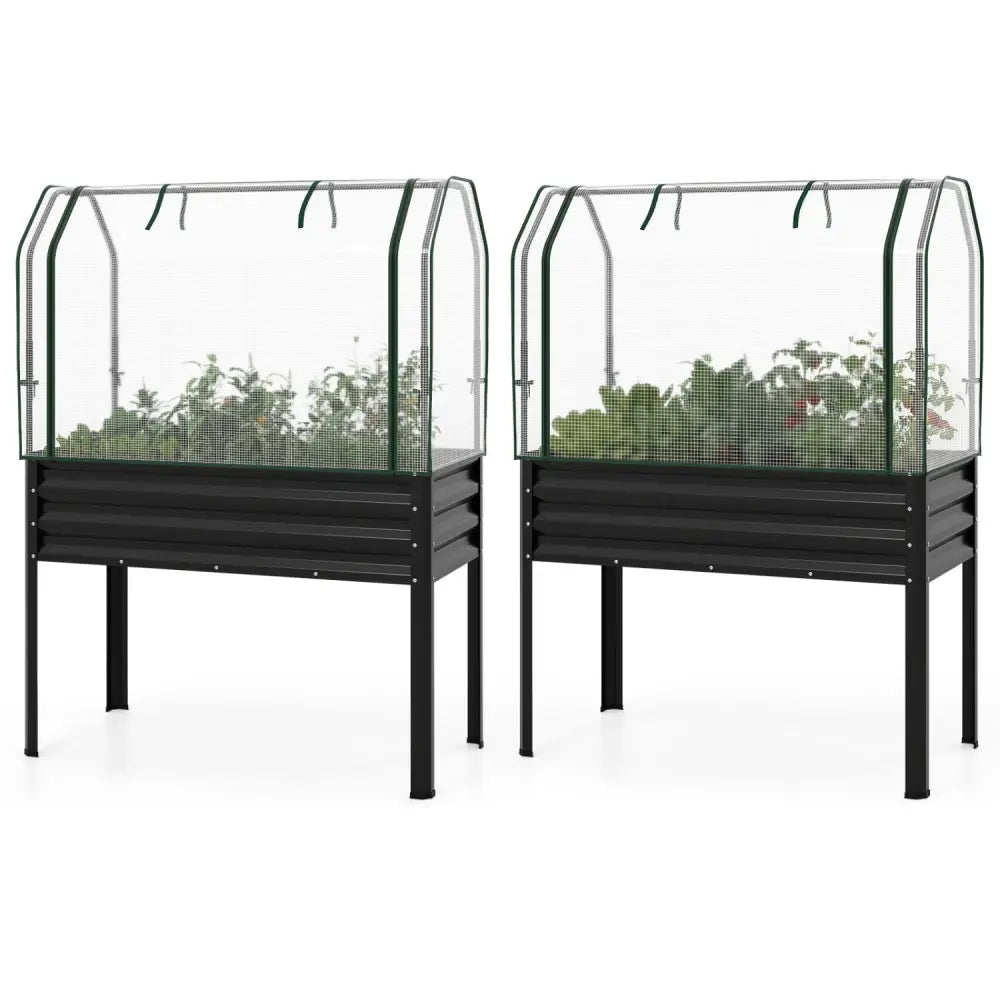 2 Pieces Galvanized Raised Garden Bed with Legs and Greenhouse Cover for Vegetable Flower-Black - Black - Raised Garden